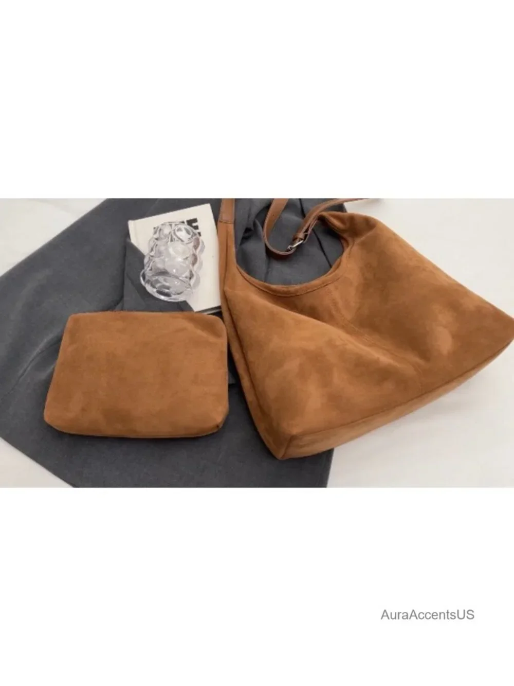 Faux Suede Hobo Tote Bag Set with Pouch Adjustable Strap